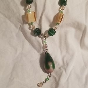 Green & Gold Glass Beaded Lavalier Necklace